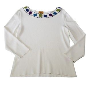 Ruby Rd. Women's Heavyweight Blouse with Colorful Embroidered Neckline, Size Med
